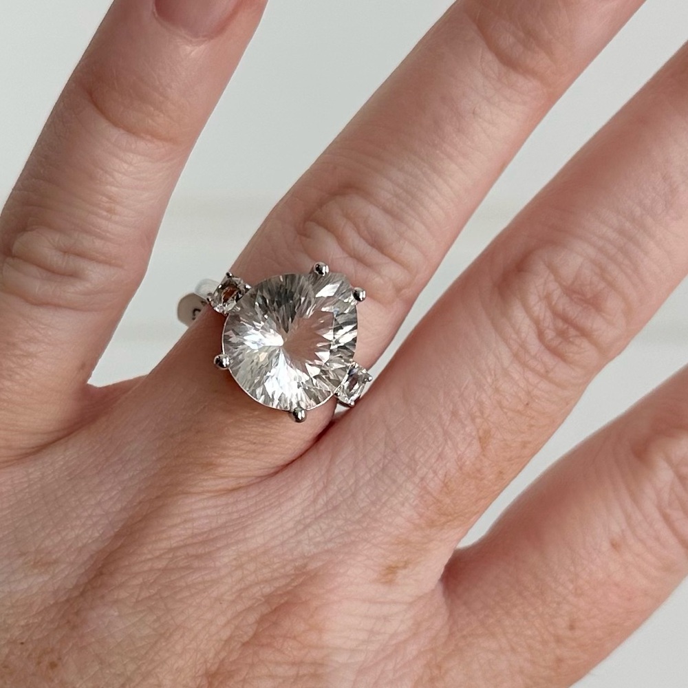 GORGEOUS Natural 3 Stone Ring 7+cts of Quartz- Rhodium over Sterling Silver sz 7
